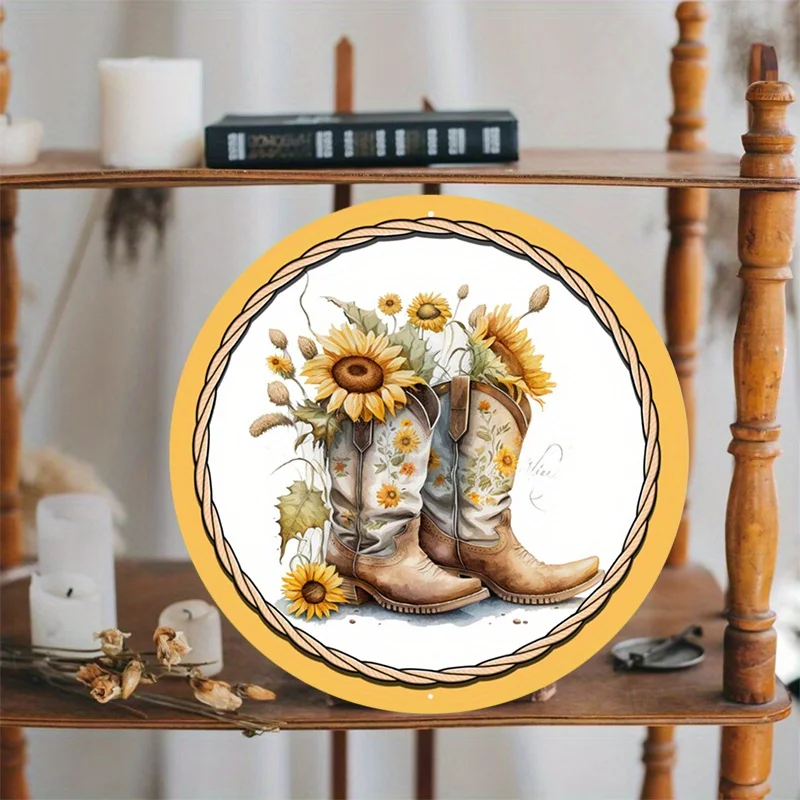 Western Sunflower Cowboy Boot Sign, Durable Aluminum Metal Construction, Large Size, Stylish Door Decorative Wreath Design