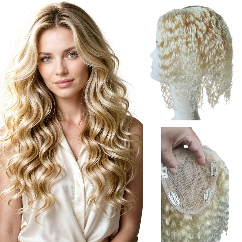 Human Remy Hair Women Hairpiece Swiss Lace 13x14cm 12inch Deep Wave Curly Topper Hand-Tied Color #1B P4-27 Wholesale