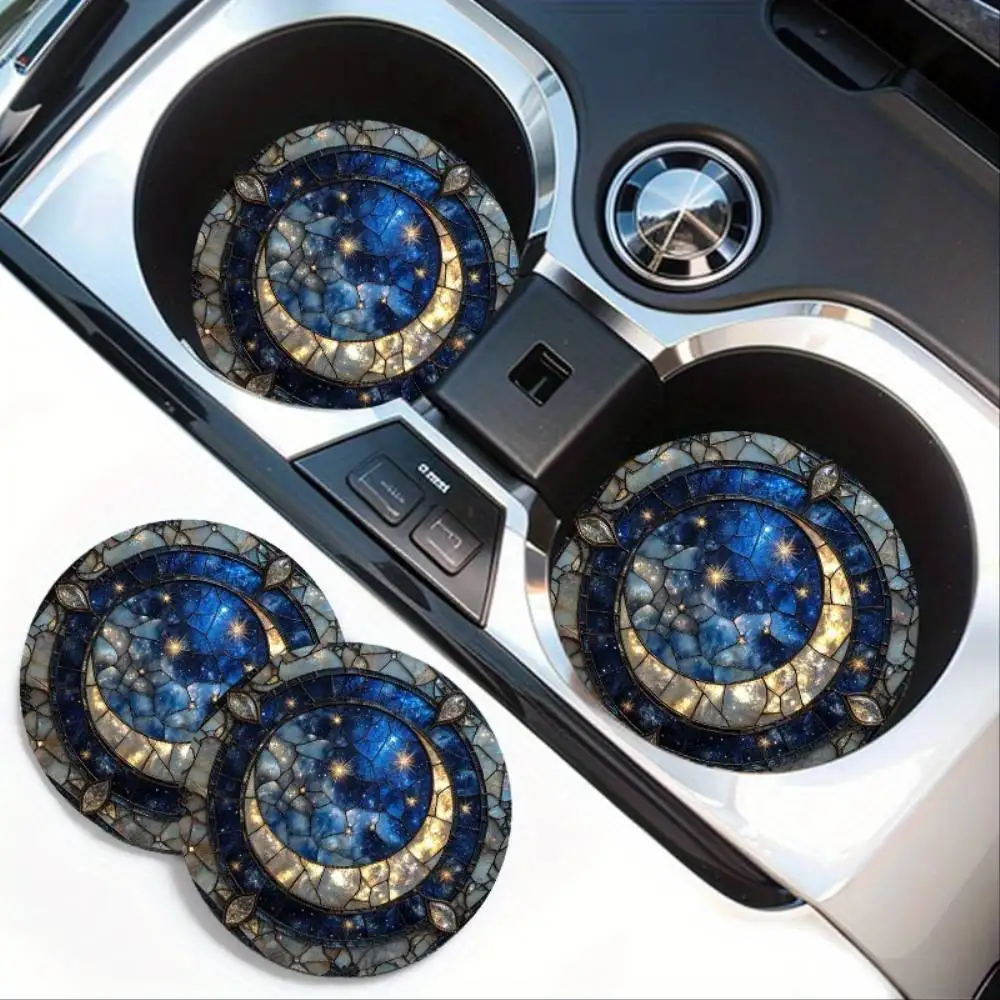 Crystal Moon Car Coasters Celestial Blue Golden Design Vehicle Interior Decor