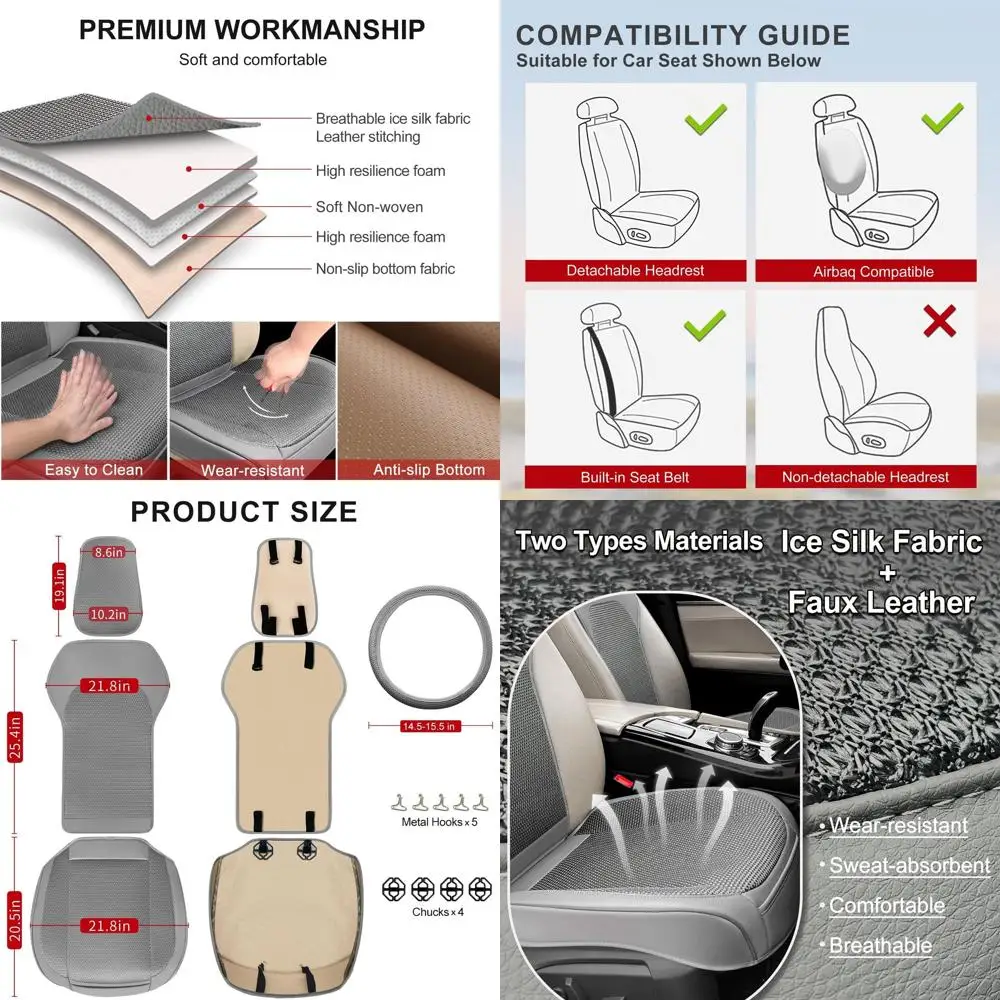 

2 Pack Breathable Front Car Seat Covers with Steering Wheel Cover, 3D Ice Silk Fabric and Leather Automotive Car Seat Protectors