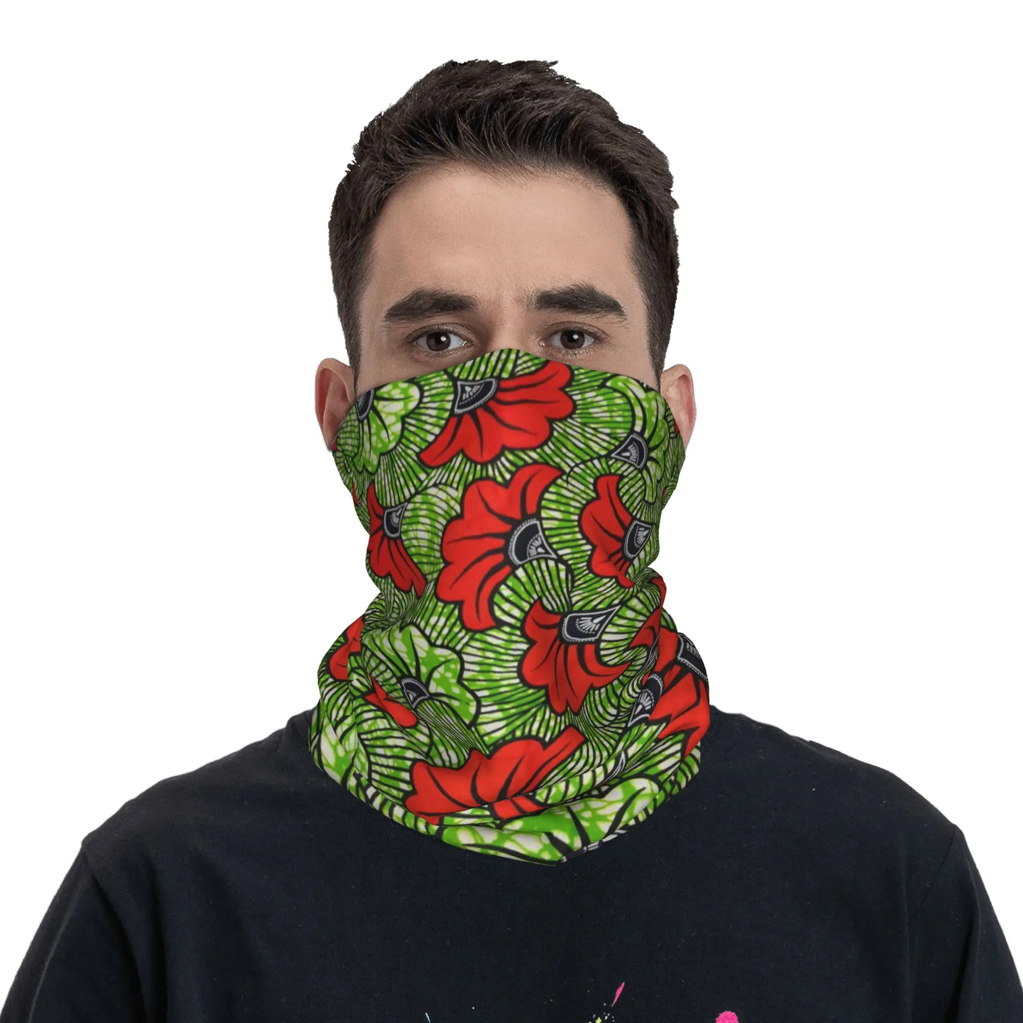 Africa Red and Yellow floral Ankara flowers Bandana Neck Gaiter Printed Wrap Scarf Multifunction Headband Running Unisex Adult