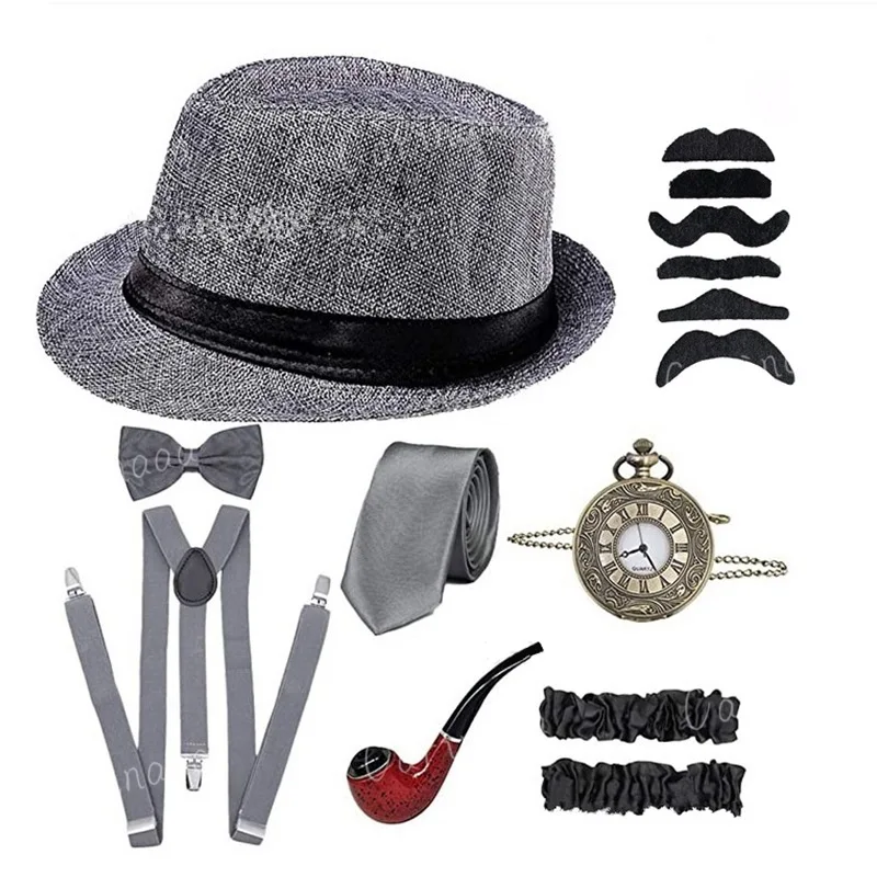 Halloween Party Grote Gatsby Cosplay Kostuum 1920 Heren Gangster Accessoires Set Fedora Newsboy Hoed Bretels Armbanden Vastgebonden