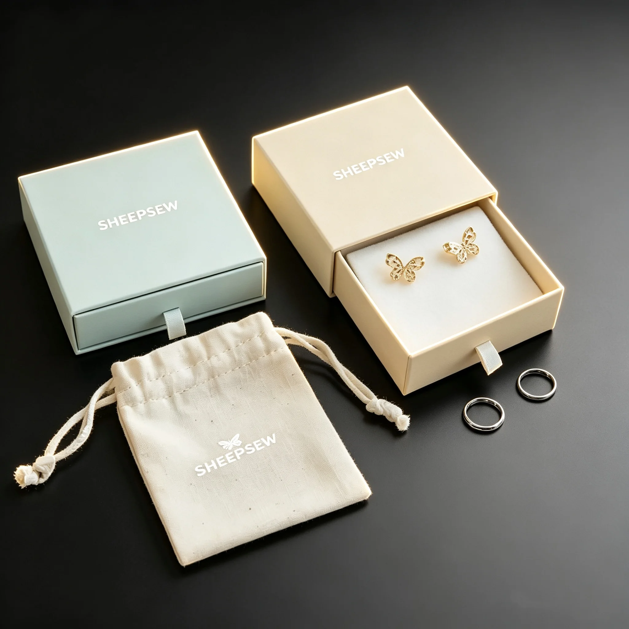 50pcs Custom Logo Sliding Drawer Jewelry Rigid Box Recyclable Earring Packaging Paper Gift Box With Microfiber Bags