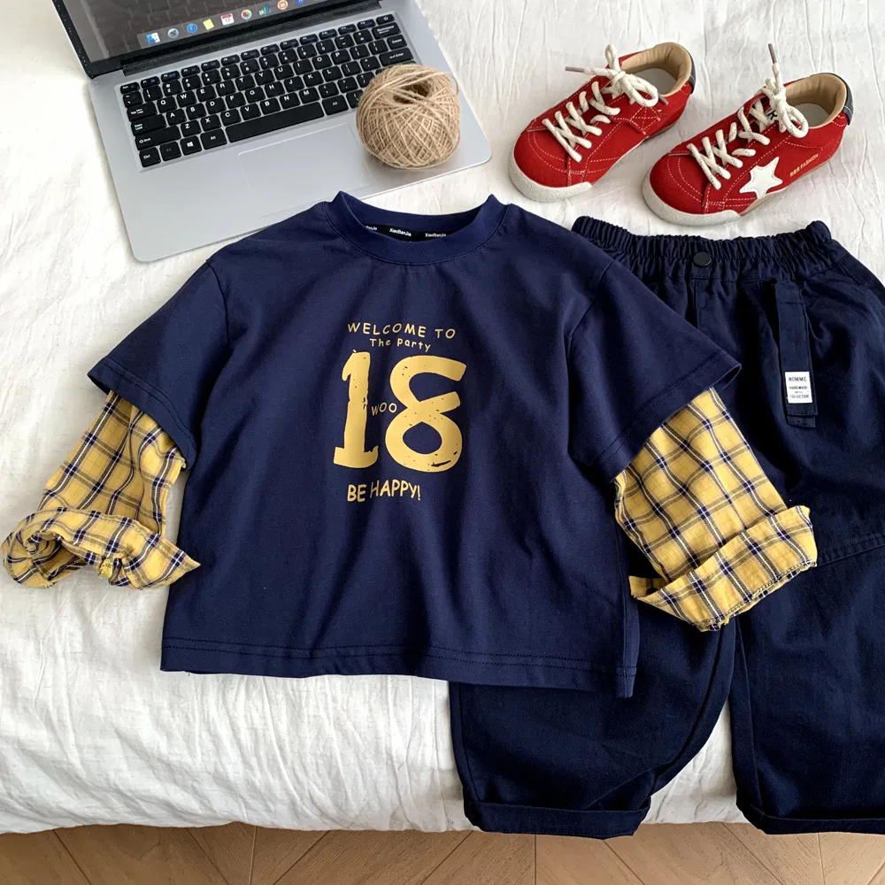 T-shirt 2026 Autumn and Winter New Children's Clothing Korean Style Boys and Girls Fashion Casual Fake Two Check Sleeve T-shirt