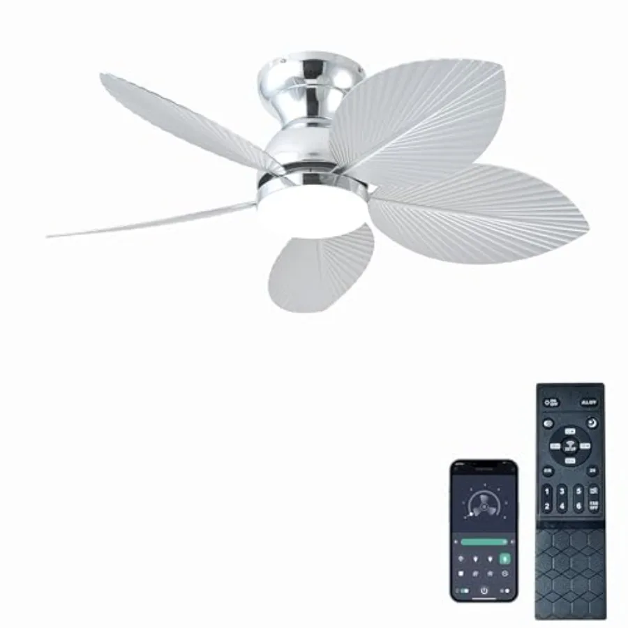 

Tropical ceiling fans with light for bedrooms and indoor/outdoor use, palm leaf design, chrome finish, remote/APP control, 6-sp