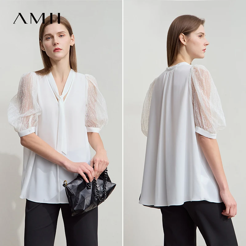 Amii Minimalistisches, lockeres Premium-Chiffon-Hemd für Damen, 2025, Sommer, neue Krawatte, V-Ausschnitt, dünne Blasenärmel, einfarbige Bluse 12542134