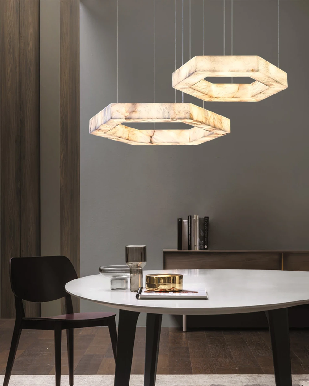 

2025 Trendy Hexagonal Marble LED Chandelier Suspension Luminaire Lampen Alabaster Pendant Light Hanging Lamp For Living Room