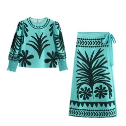 Zach Ailsa 2024 Summer New Product Women's Style Round Neck Printed Top High Waist Knot Decoration Half Skirt Fashion Set