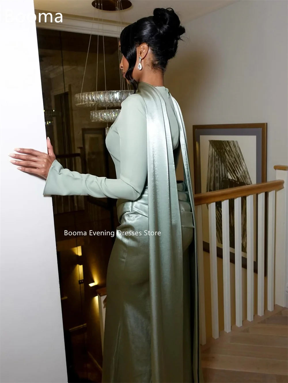 Booma Classic Mermaid O-Neck Long Satin Dresses Formal Party Gowns for Women Long Sleeve Pleat Simple Prom Gown Customize image 4