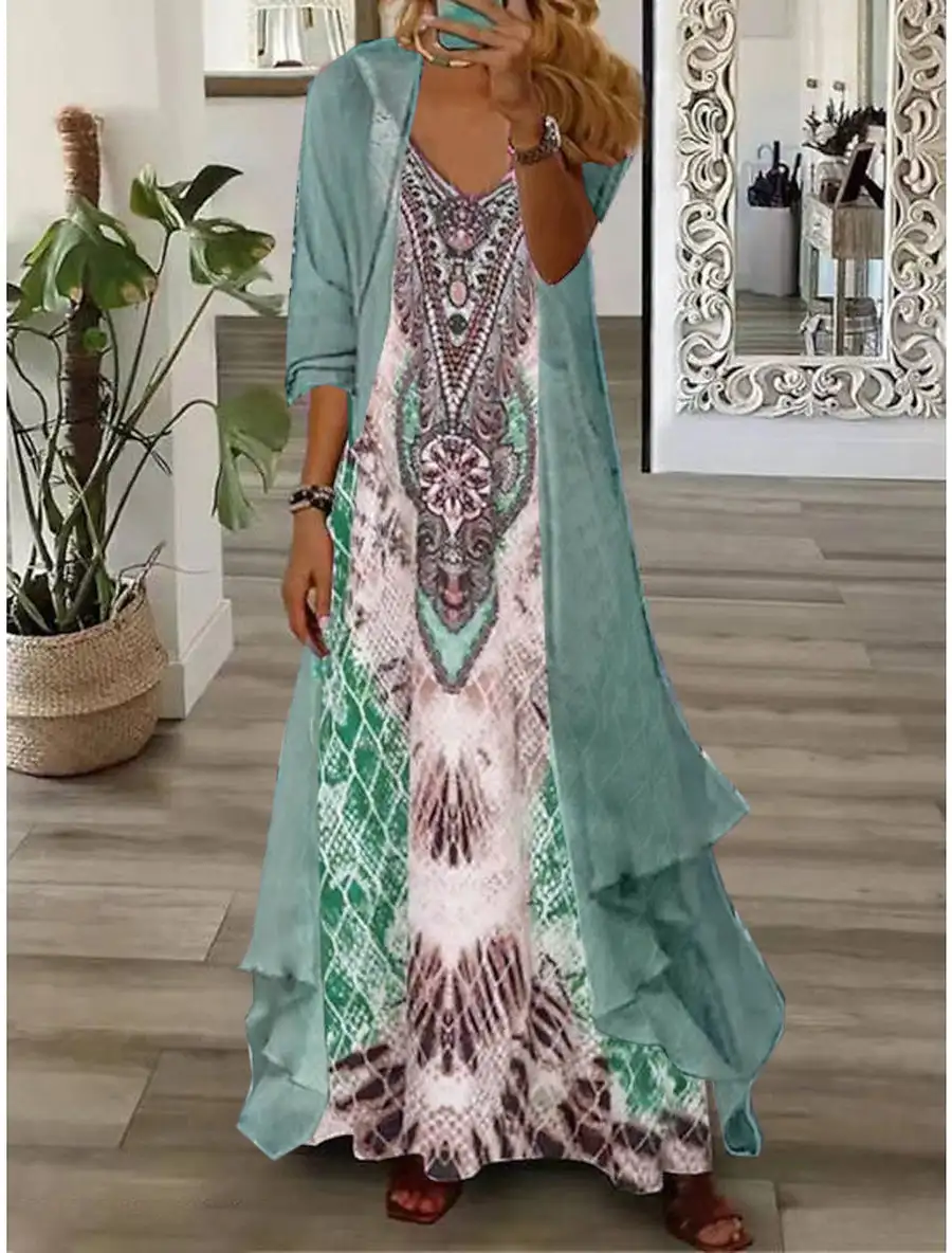 Plus Size Women's Half Sleeve V-neck Graphic Printed Two Pieces Maxi Dress-Petite Size Available