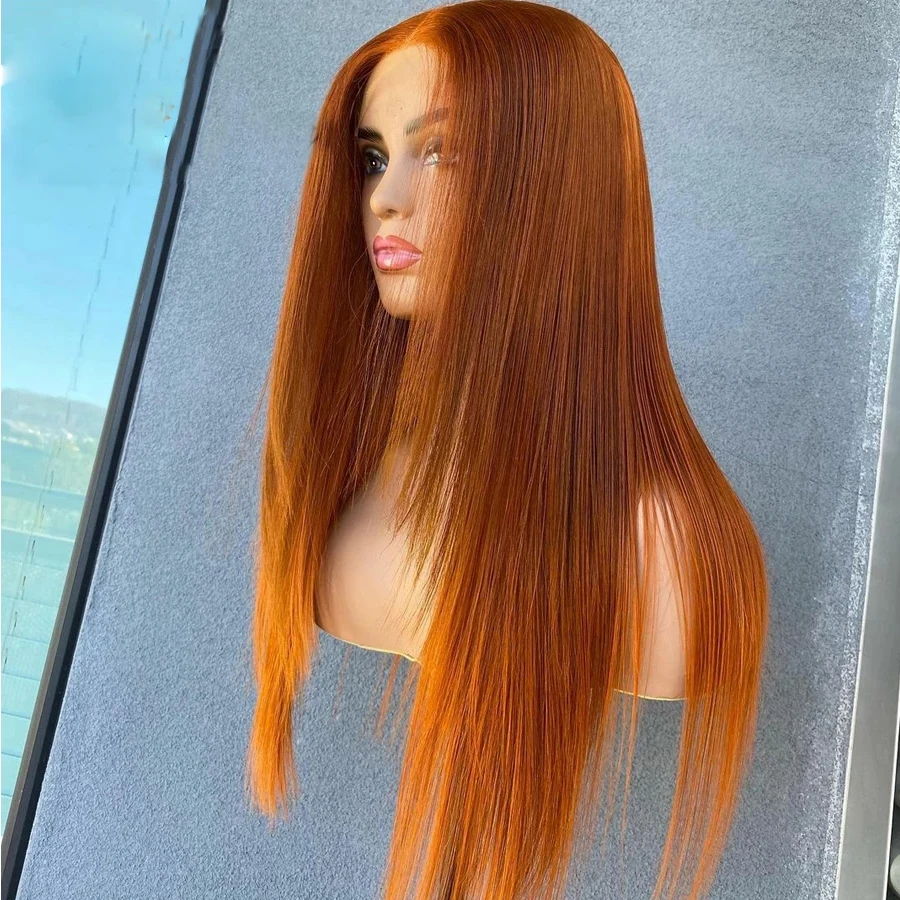 Giner Color naranja suave prearrancado 30 pulgadas 180 densidad peluca con malla frontal sintética recta con pelo de bebé pelucas de uso diario sin pegamento