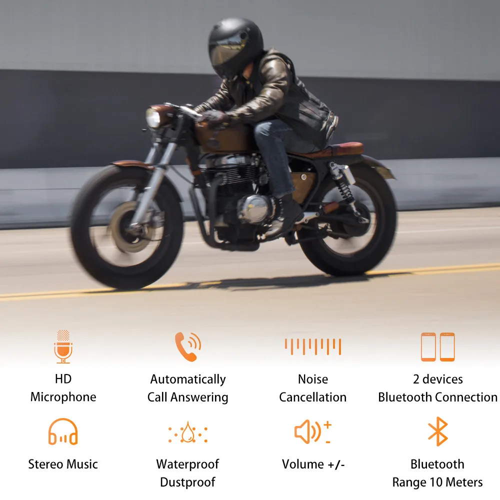 Motorcycle Helmet Bluetooth Headset, Wireless Handsfree Mic for Music GPS Calls, Voice Control for Rider