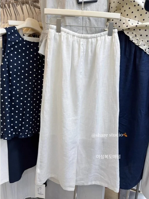 

Artistic White Linen A-Line Skirt Women's High Waist Slim Straight Cotton Linen Summer Faion Casual Skirts