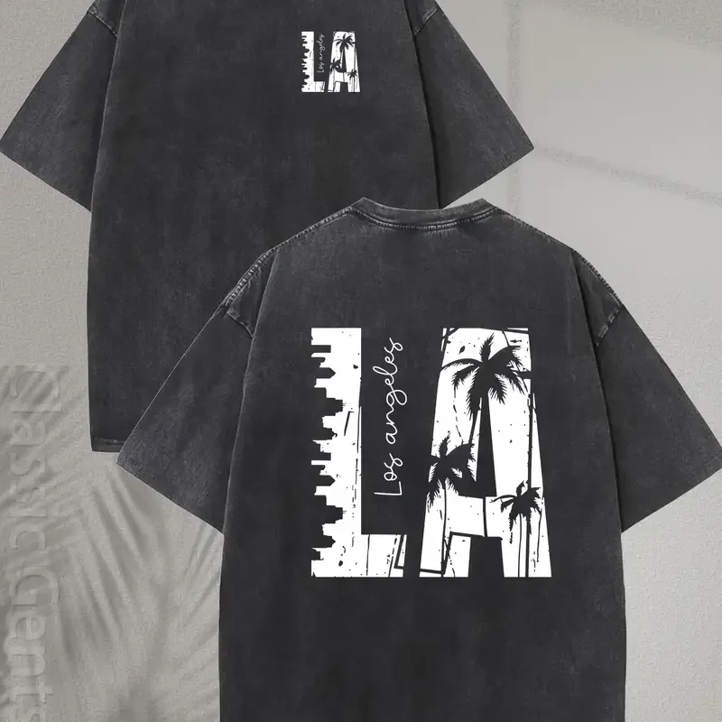 Men's Vintage Tropical Tshirt - 230GSM Heavy Washed Distressed Cotton Short Sleeve Tops, Double-Sided Retro California Beach Design, Loose Fit Casual Streetwear (Vintage Graphic Tees, Graphic T Shirts)