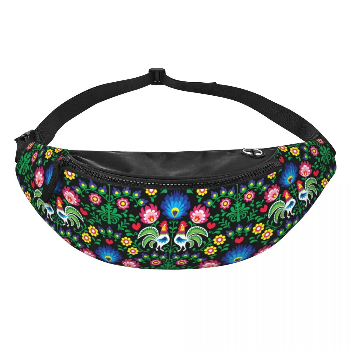 Colourful Flowers Floral Polish Roosters Pattern Fanny Pack Women Men Mexican Crossbody Waist Bag for Travel Phone Money Pouch