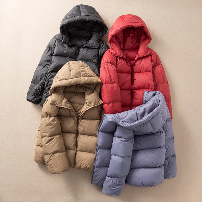 Winter Simple Hooded Down Jacket American Casual Fashion Loose Solid Color Versatile Women's Warm Puff White Duck Down Coat