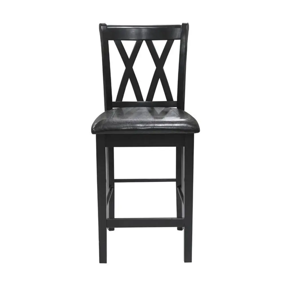5 Piece Solid Wood Counter Height Dining Set, Black Finish, Table with 2 Shelves and 4 X-Back Chairs, Faux Leather, Customized