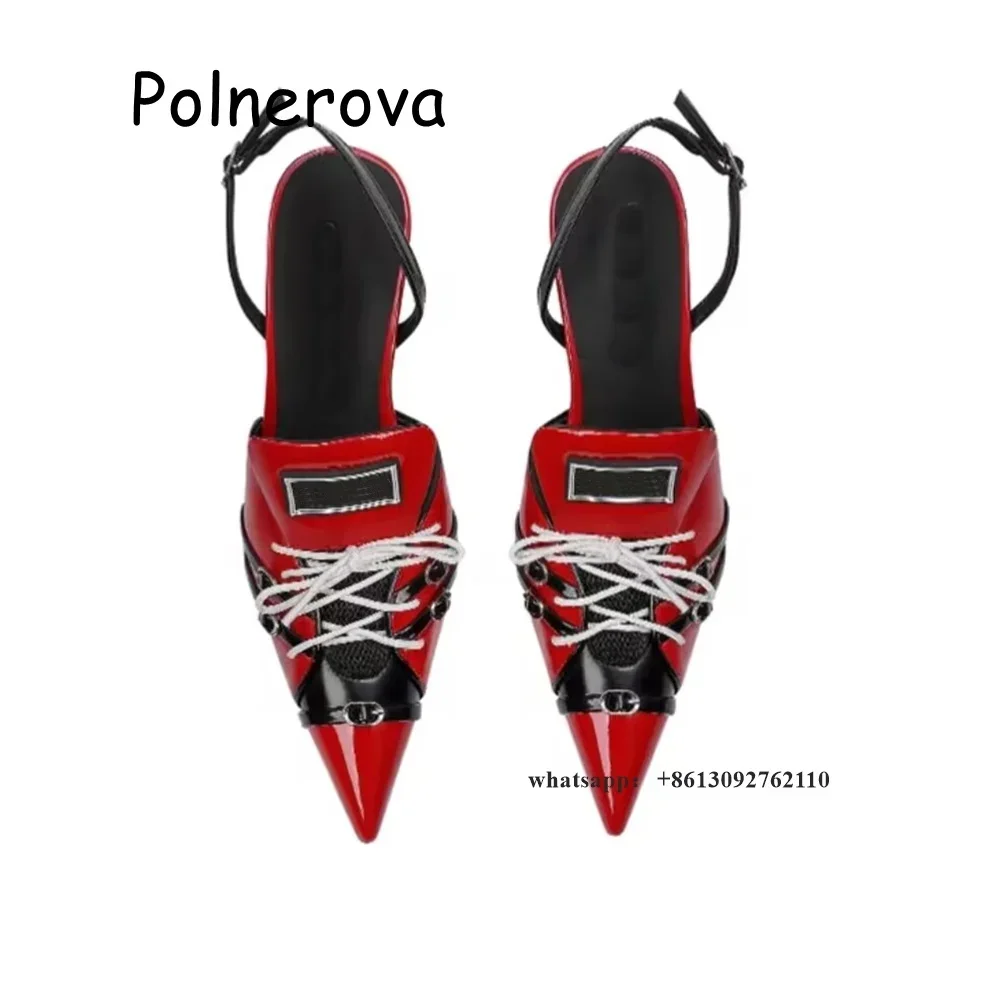 Patchworkowe sandały patentowe styl sportowy średni obcas wiązane krzyżowo buty damskie klamra pasek z tyłu letnia moda codzienna buty na wszystkie mecze