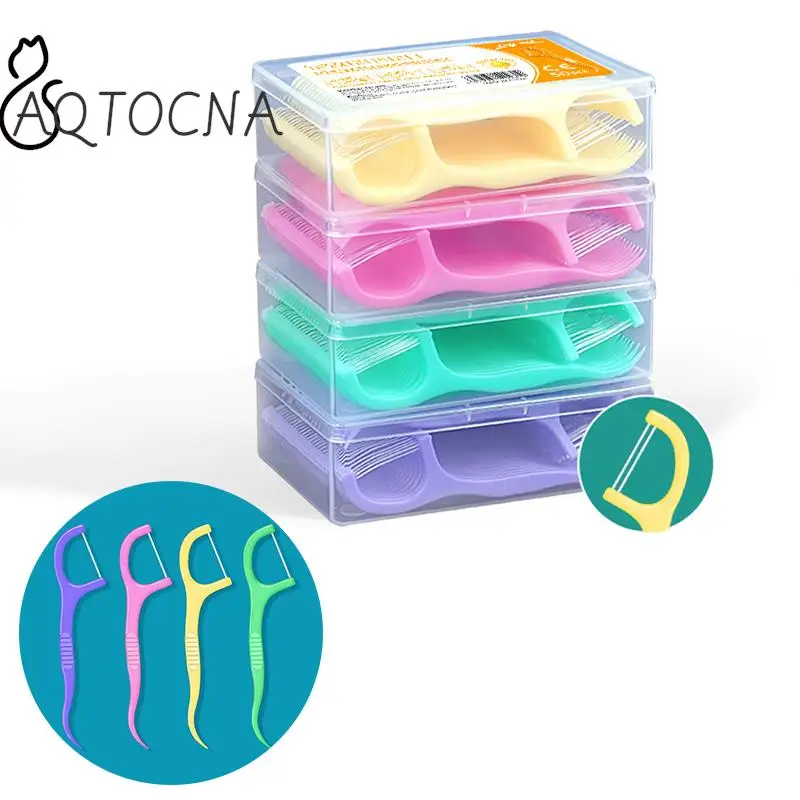 

50Pcs/Box Colorful Fruit Flavor Dental Floss Pick Teeth Cleaner With Storage Box Double Line High Tensile Force Teeth Stick