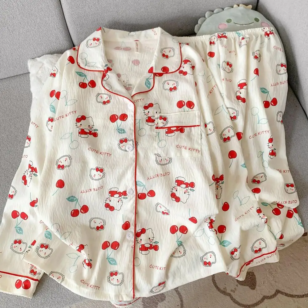 

Sanrio Anime Hello Kitty Girls 2Pcs Pajamas Set Kawaii Loungewear for Women Kt Long Sleeve Tops Pants Homewear Sweet Nightwear