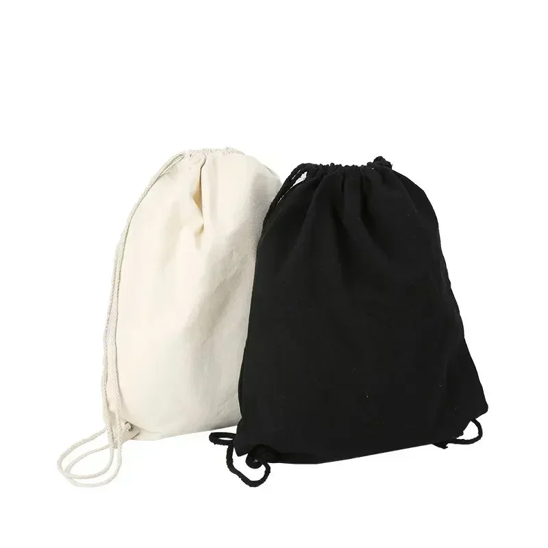 Canvas Bag Shoulders Drawstring Bundle Pockets Custom Shopping Student Backpack Bag Cotton Pouch for Gym Traveling Storage Bag