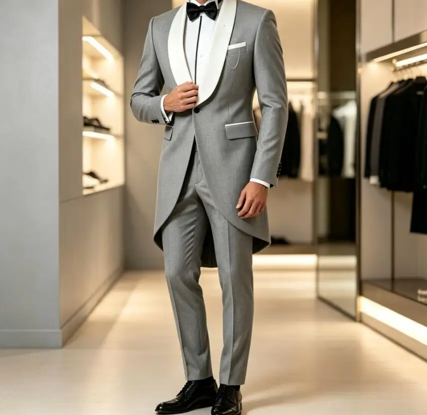 New Elegant Grey Men Suits Long Blazer Wedding Party Formal Groom Groomsman Prom Business Male Tuxedos 2 Piece Sets Jacket Pants
