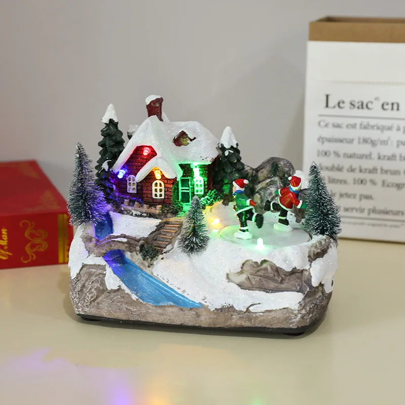 Christmas House Ornaments With LED Light Resin Rotating Music Figurines Christmas Home Decorations Happy New Year Xmas Gift