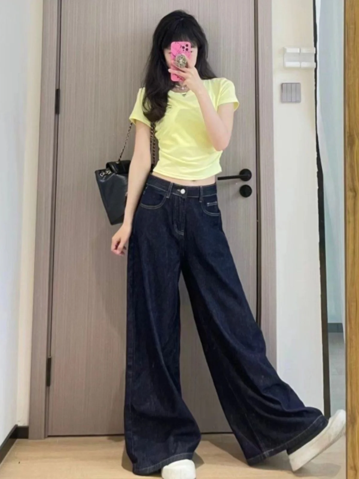 ハイウエストワイドレッグアメリカンレトロルーズジーンズレディース秋スレドレープゆったりルーズ感ストレートレッグパンツ