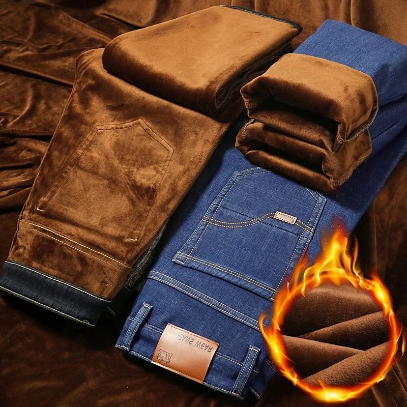 

Мужские теплые осенне-зимние утолщенные ветрозащитные джинсы на флисовой подкладке, мужские облегающие прямые джинсовые брюки, повседневные брюки большого размера