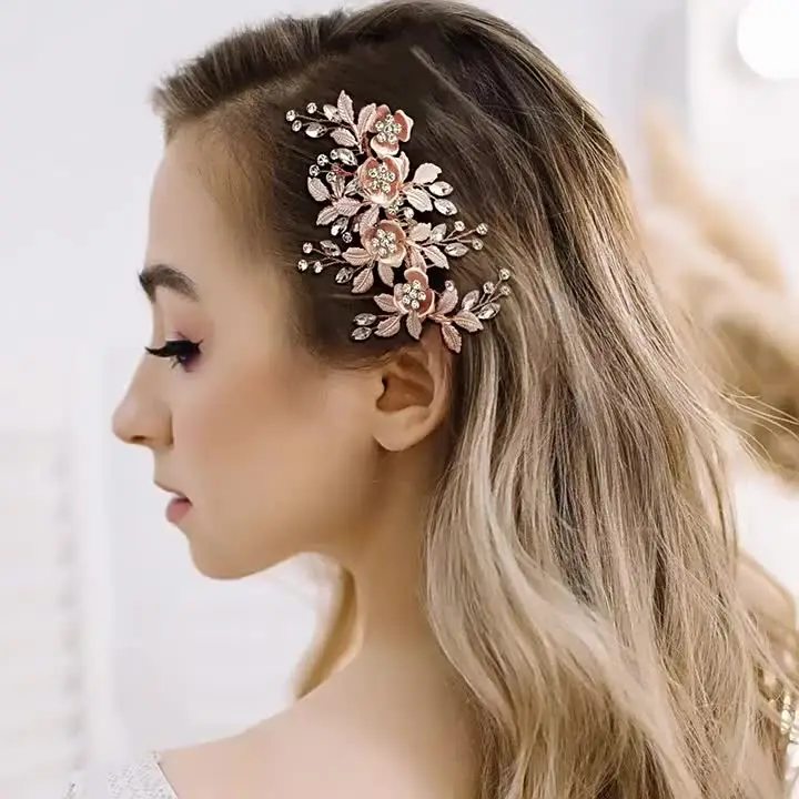 SLBRIDAL Handmade Golden Austrian Crystals Rhinestones Flower Leaf Wedding Hair Clip Barrettes Bridal Headpiece Hair accessories