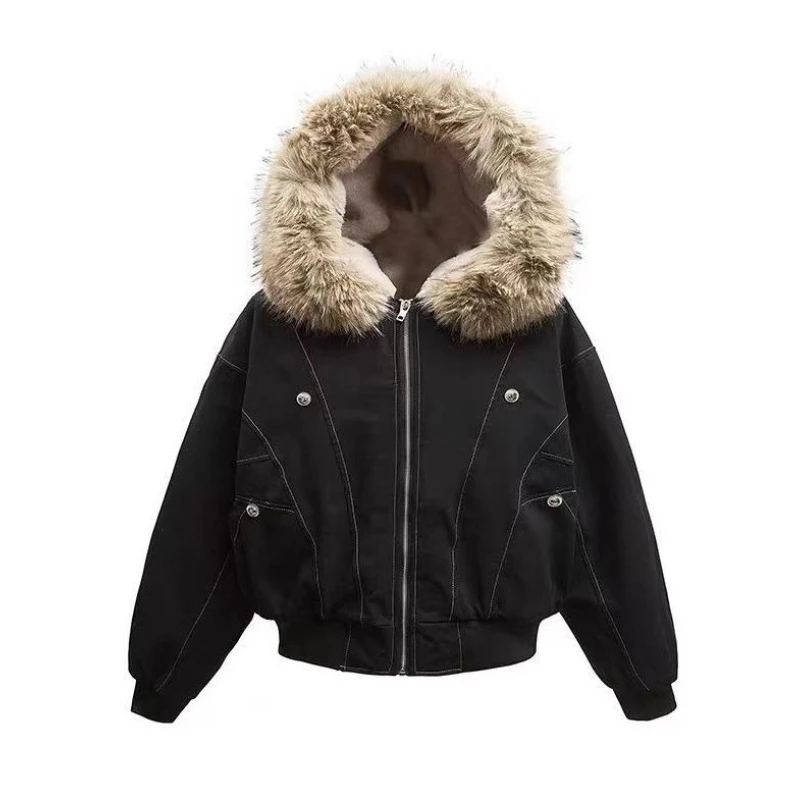 

2026 American Winter Thicken Warm Parkas Women Retro Plush Jacket New Loose Long Sleeve Zip Up Jackets Ladies Hooded Fleece Coat