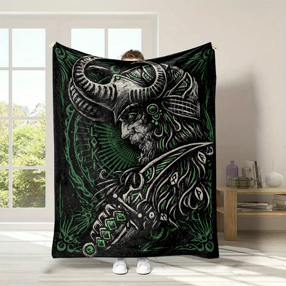 Vintage Nordic Mythology Warrior Pattern Flannel Blanket Warm Cozy Printed Throw Blanket for Living Room Bedroom Travel