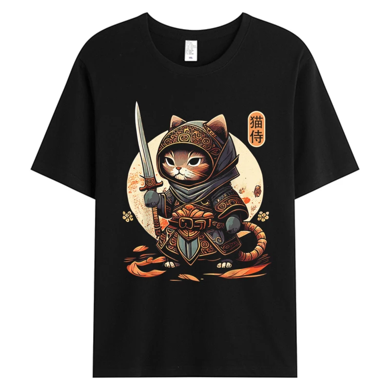 

Japanese Samurai Cat T-shirt Tattoo Kawaii Ninja Cats Men's Cotton Fabric Graphic Tops Tees Man Clothing Japan Style Tshirt