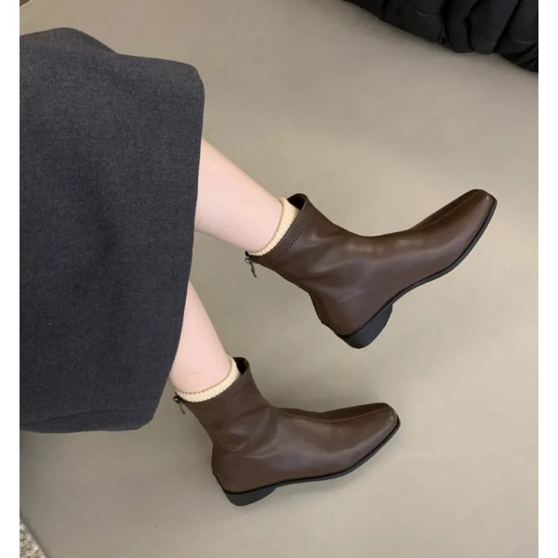 2026 Woman Autumn Ankle Boots for Women Chunky Heel Zipper Ladies Leather Shoes Soild Color Square Toe Short Botas Femininas