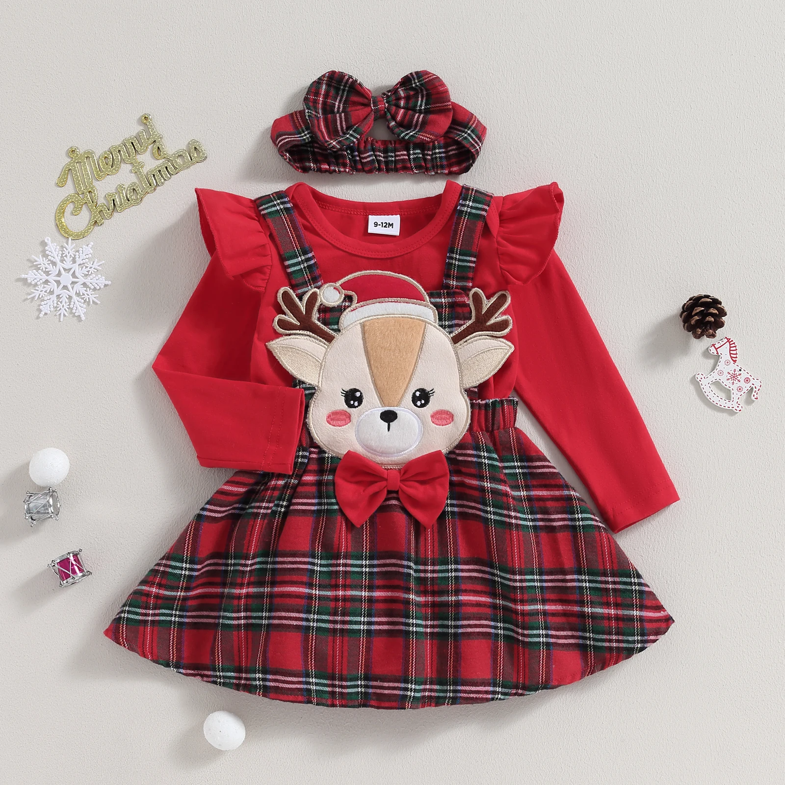 Christmas Baby Girls Clothes Infant Kids 3Pcs Outfit Ruffe Long Sleeve Romper A-Line Elk Embroidery Plaid Skirt Headband Costume