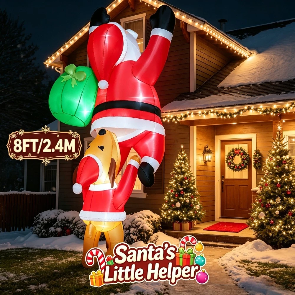 8FT Funny Christmas Inflatable Naughty Dog Chasing Santa Claus Lighted Blow Up Climbing Wall Roof Prop Porch House Outside Decor