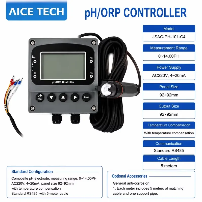 for AICE TECH Industrial Online pH ORP Analyzer 4-20mA RS485 LCD Display Water Quality Controller with Sensor