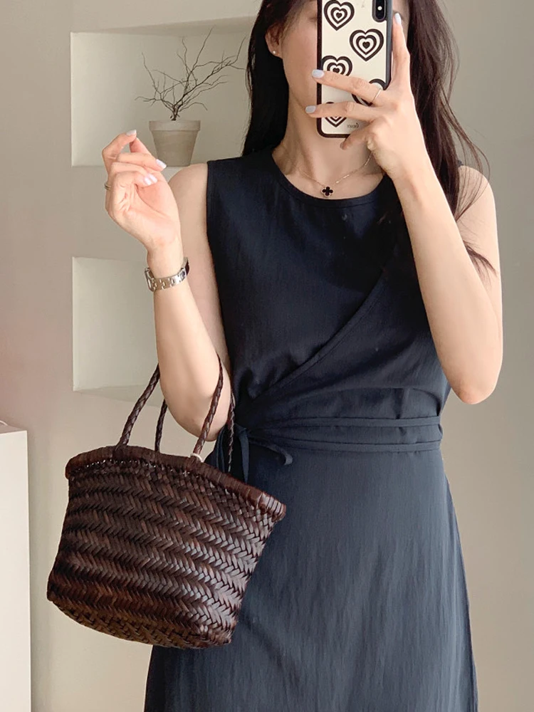 Vestido e sin mangas con cuello redondo y cintura ceñida para mujer, vestido largo de verano de cintura alta, corte en...