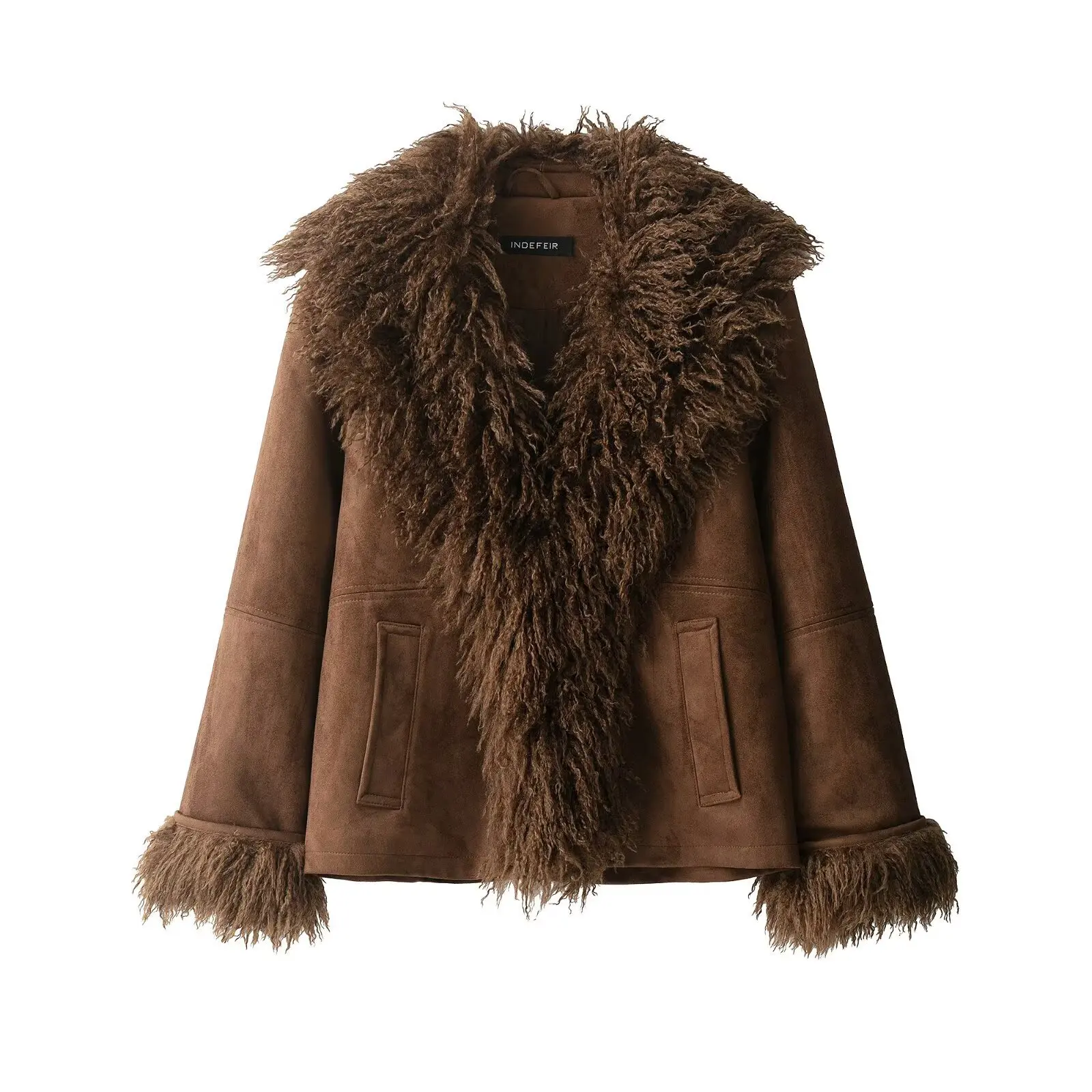 Women's Fashion Faux Fur Jacket Coat Brown Faux Suede Jacket With Curly Fur Trim On Collar And Cuffs Winter Outerwear ZYDN