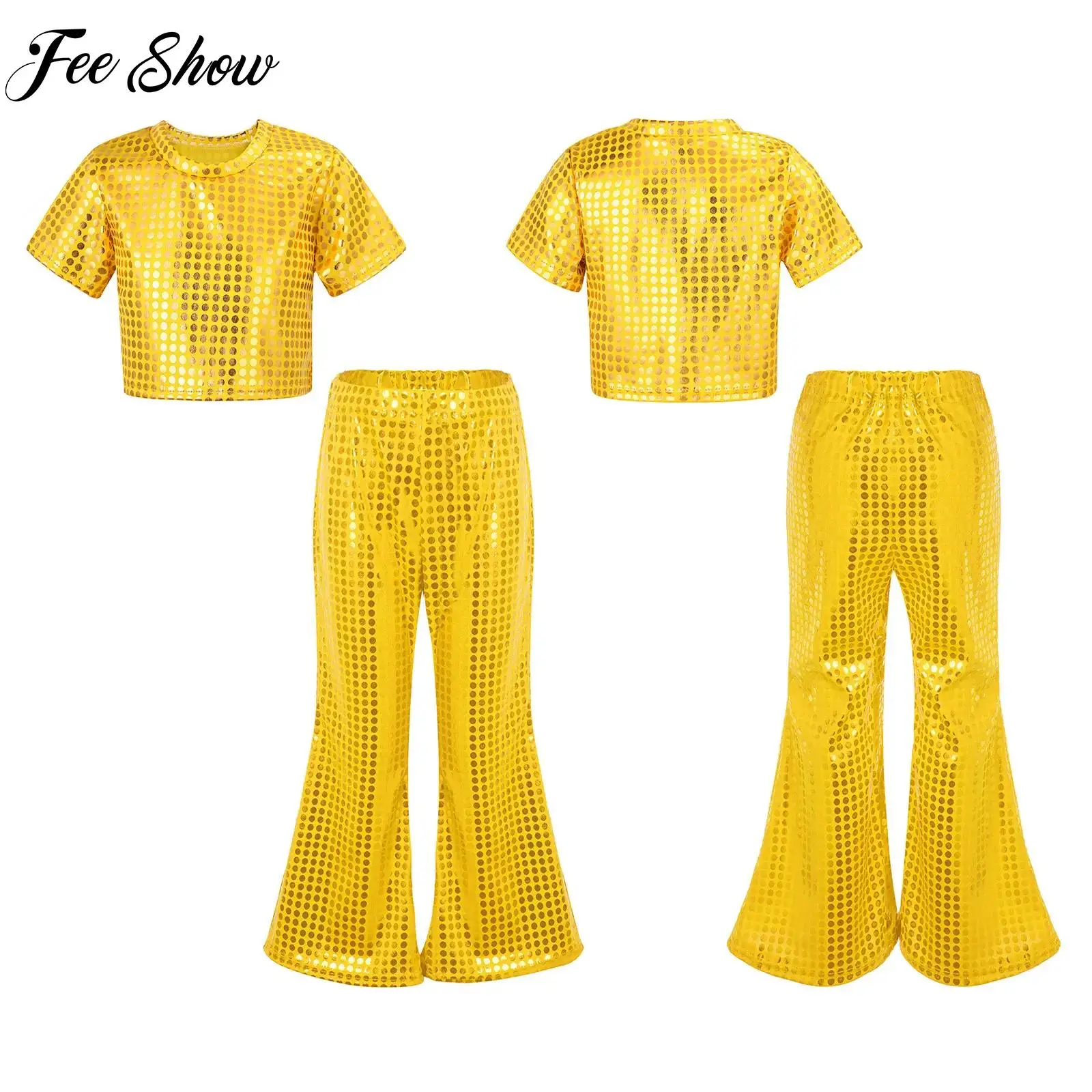 

Kids Jazz Cha-cha Cheerleading Dance Outfit for Girls Short Sleeve Sequins Crop Top with Pants Party Performance Clothes Suit