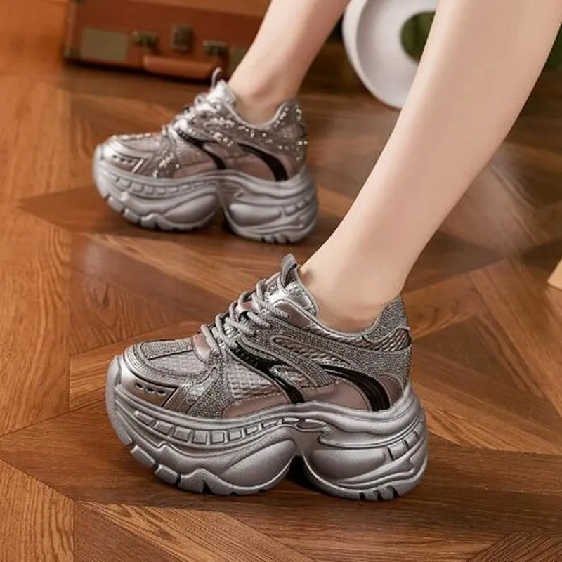 

2026 9CM Microfiber Leather Chunky Sneakers Women New Autumn Hidden Heel Platform Sports Dad Shoes Woman Breathable Casual Shoes