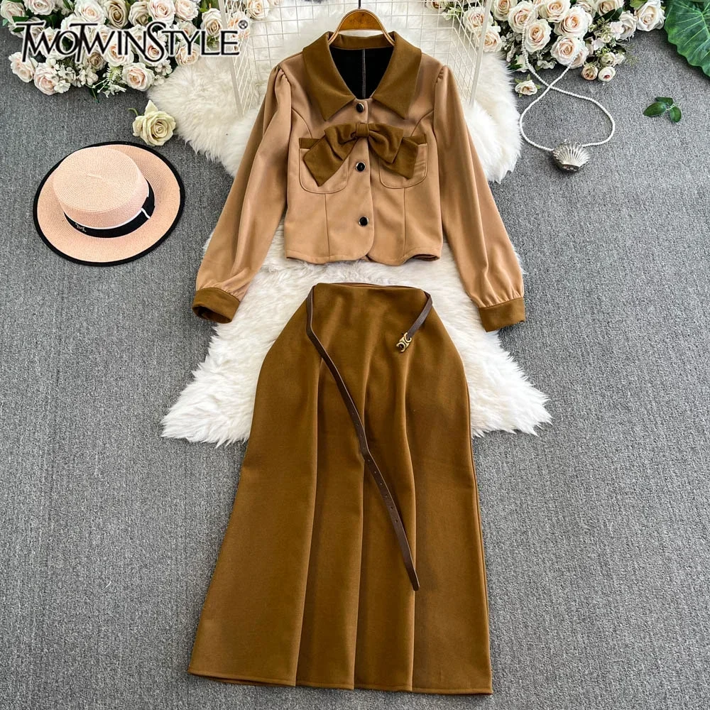 

TWOTWINSTYLE New Hit Color Two Piece Set For Women Lapel Spliced Bow Tops High Waist Patchwork Belt Skirt Set Female KSE523563