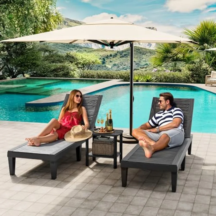 Outdoor lounge chair set of 2 with black side table, 5-position adjustable patio chaise in striped black fabric, waterproof poo