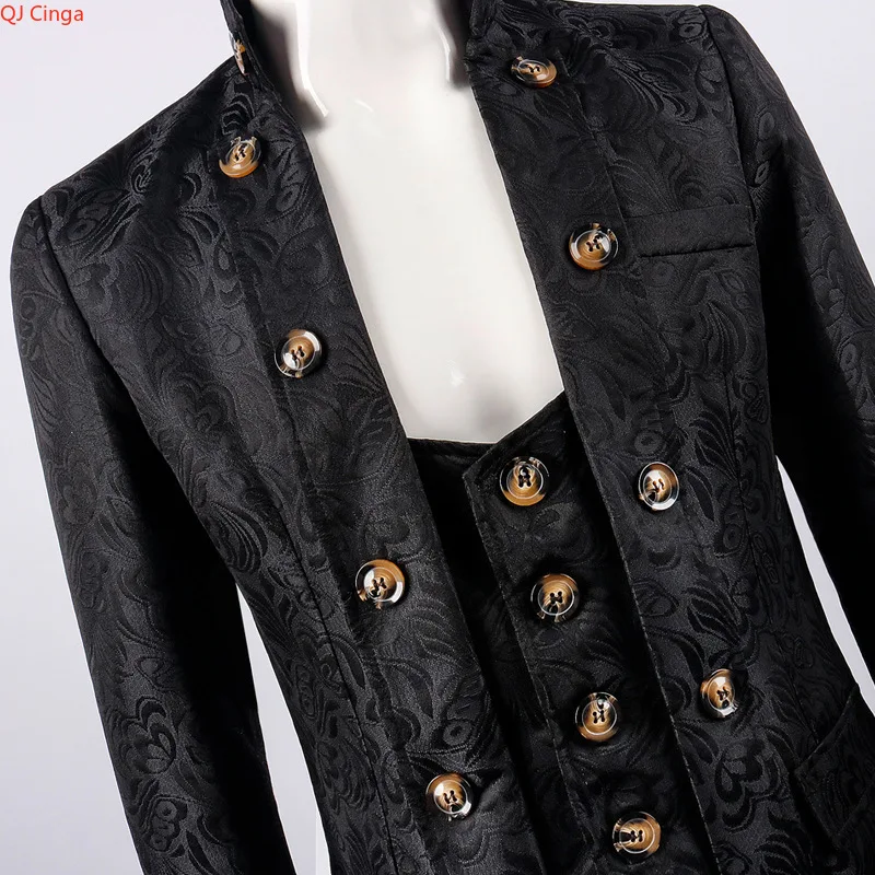 White Men's Vintage Style Military Double - Breasted Trench Coat with Embroidered Patterns and Black-Yellow Buttons.