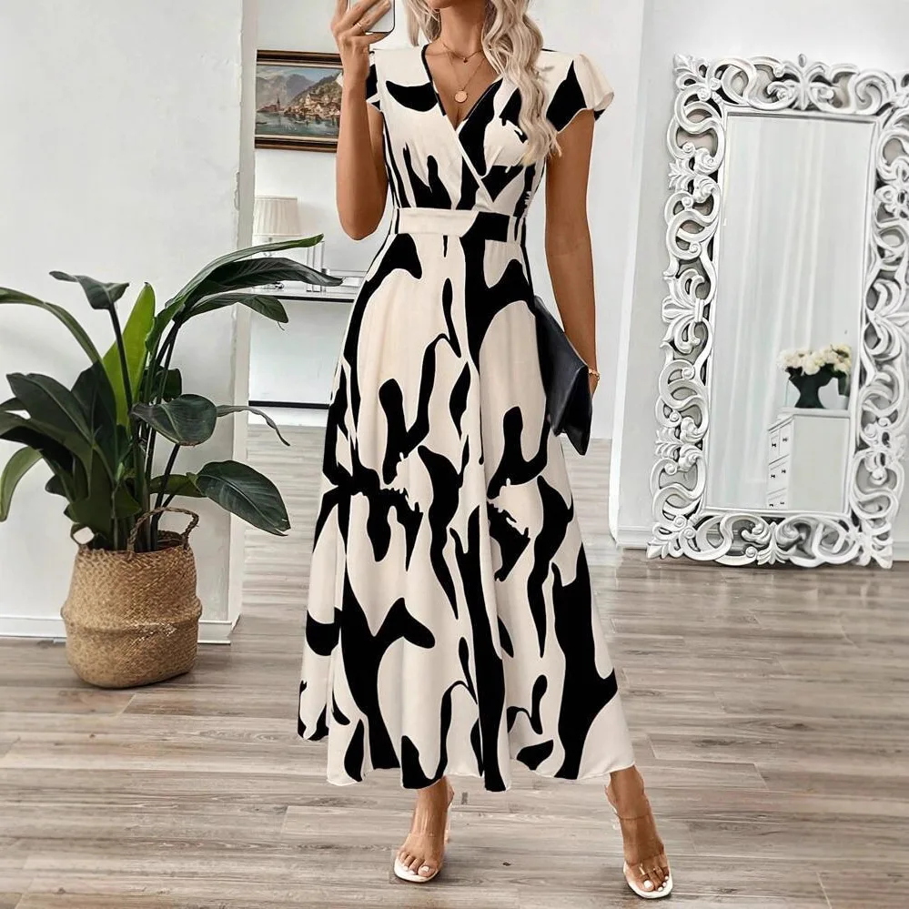 Women V Neck Floral Print Dress Summer A Line Dresses Waist Cinched Midi Dress