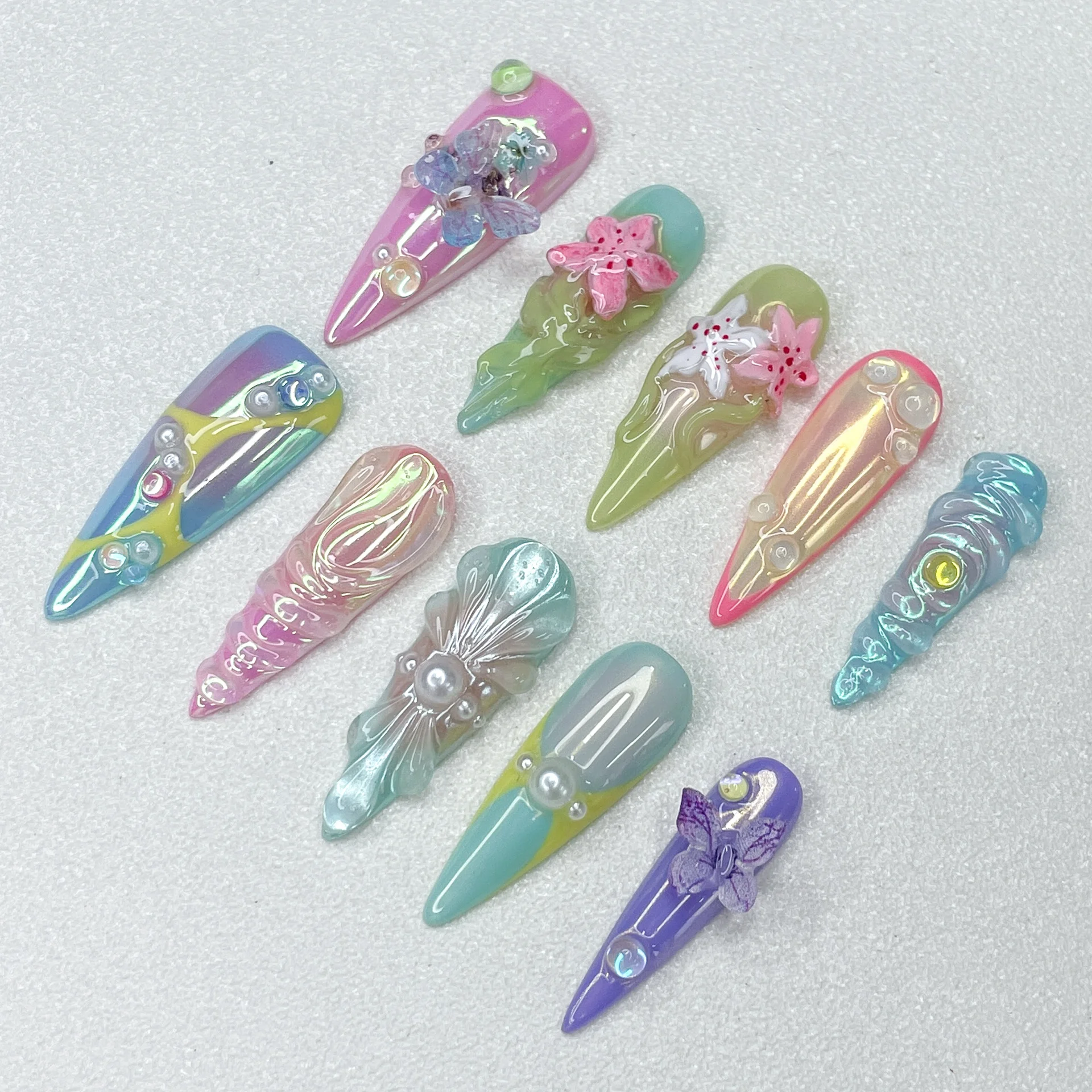 New Cute Glossy Style Manicure 3D Relief Series Long Pointed Design Press on Nails Mandarin Duck Flower Sculpture Fake Nails