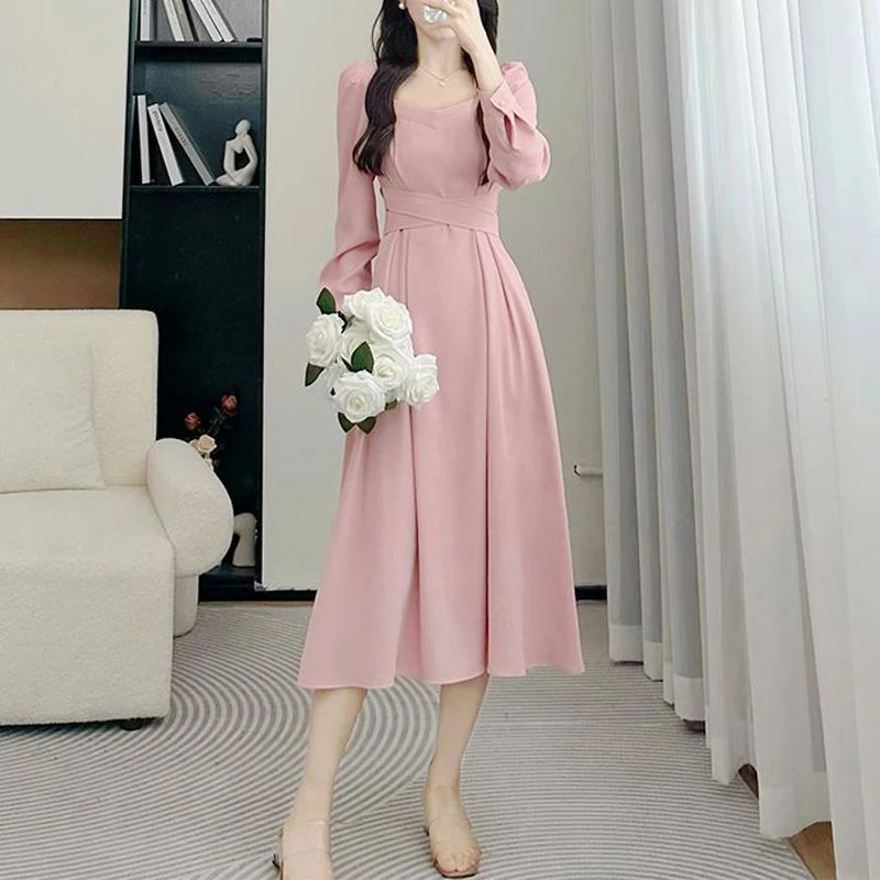 Elegant Solid Midi Dress Women Long Sleeve Square Collar High Waist A Line Lady Dresses New Autumn Spring Vintage Slim Vestidos