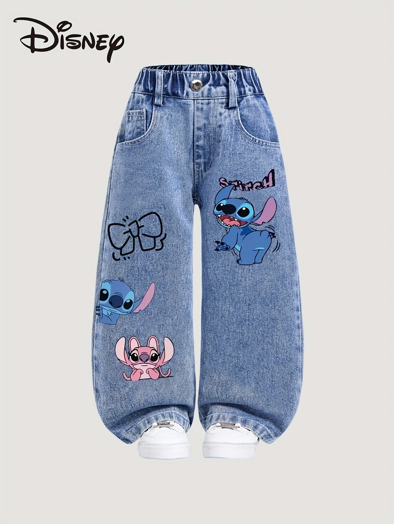 Disney-Stitch pattern Cute Straight Leg Loose Casual Jeans for Young Girls Fashionable All-Match Style Elastic Waist