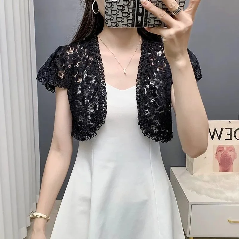 크로 셰 뜨개질 레이스 중공 카디건 짧은 재킷 여름 해변 커버 업 섹시한 우아한 여성 Office Lady All-match Slim Fit Summer