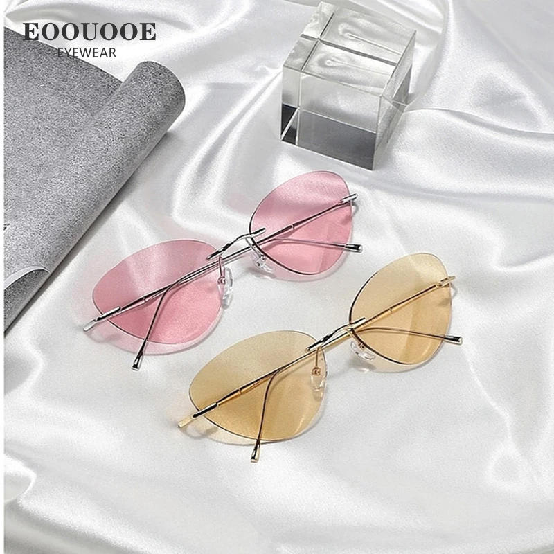 

Cat Eye Wear Rimless Sunglasses Titanium Eyewear Myopia Progressive Prescription Recipe Women Eyeglasses Pink Brown Lenses